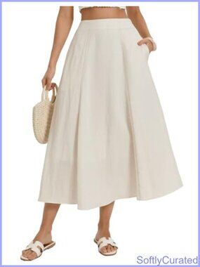 Linen Blend High Waist A-Line Long Skirt with Pockets Flowy Summer